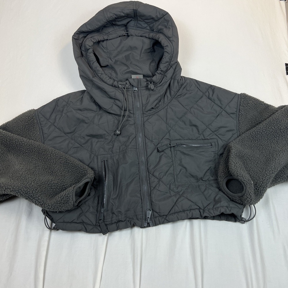 Free People Movement Quilted Mixed Media Fleece Sleeve Hooded Jacket Gray Small